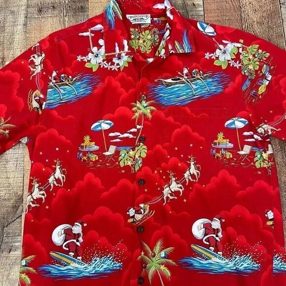 Pacific Legend Vintage Hawaiian Christmas Surfing Santa Button Down Shirt - Picture 2 of 7